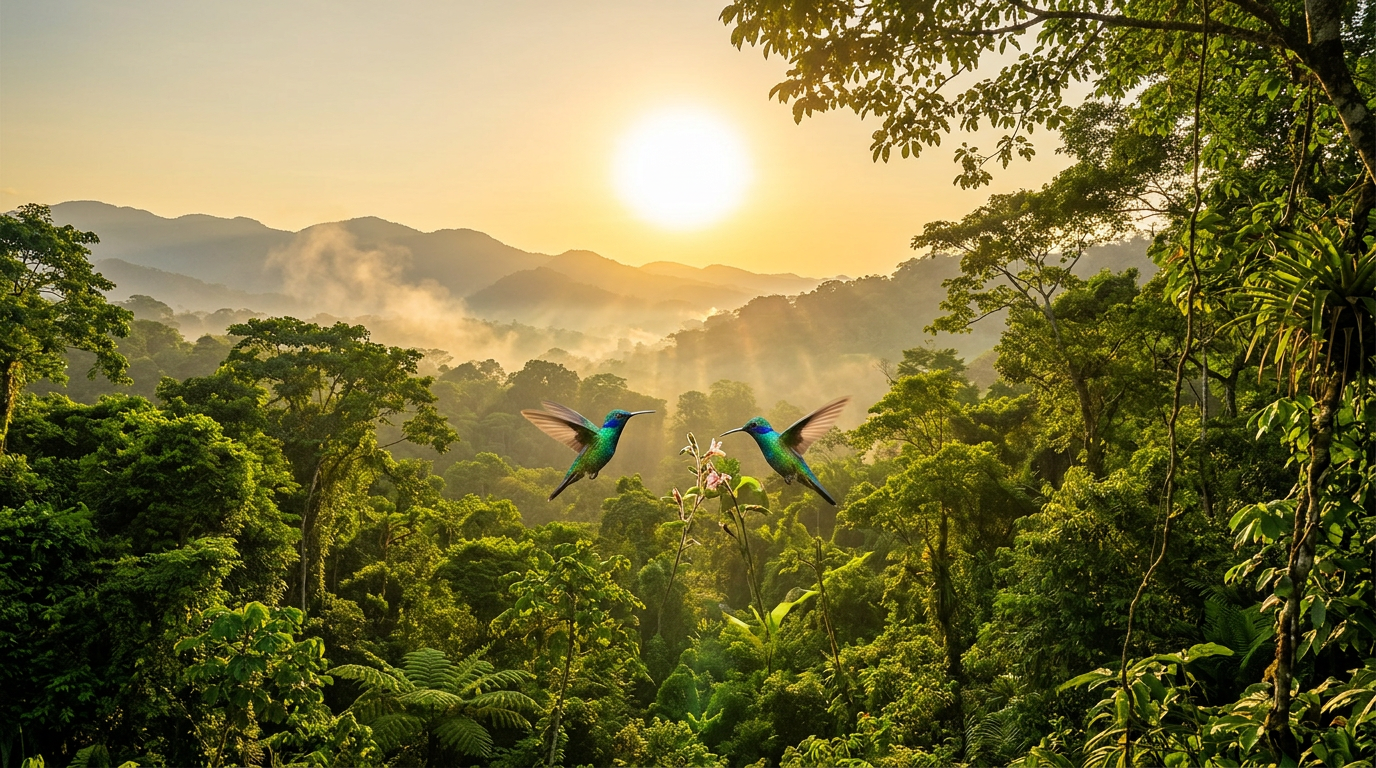 Peruvian Amazon rainforest canopy at golden hour